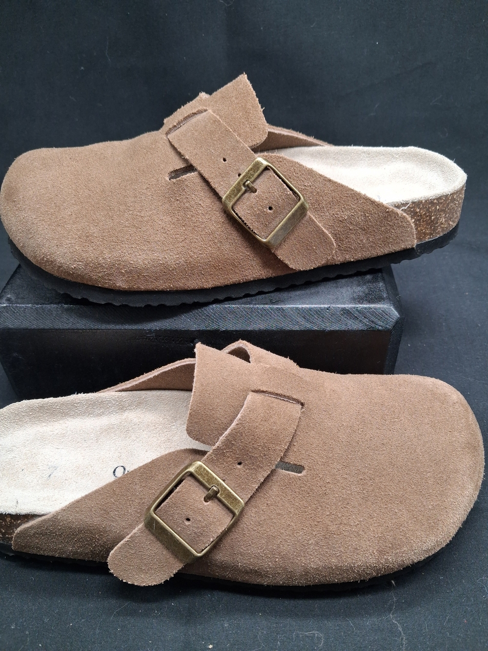 Quince Women's Suede Slip-On Clog Mule in Brown with Brass Buckle